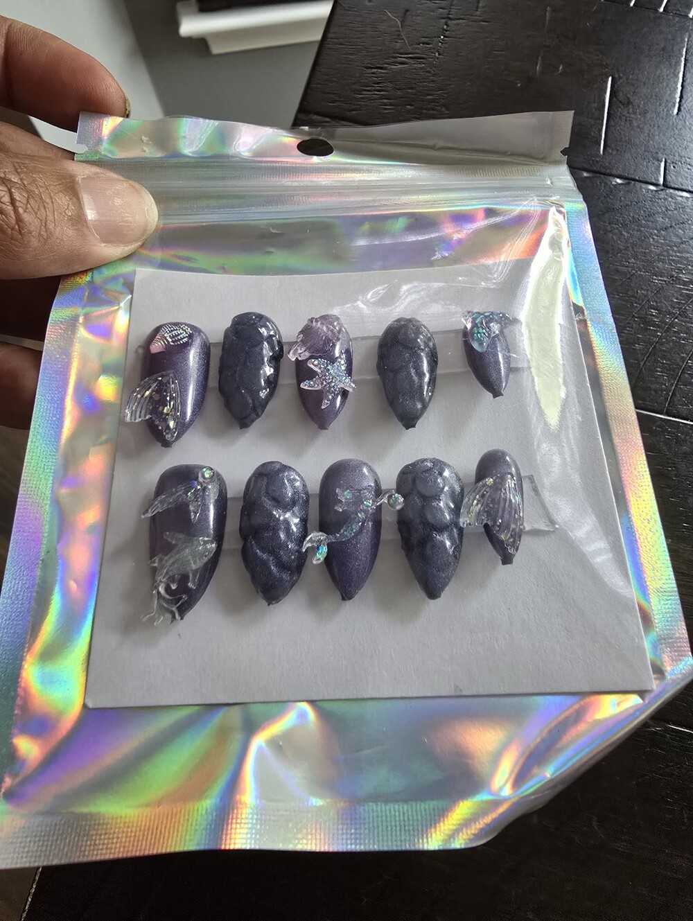 Purple Press-On Nail Set with Iridescent Accents -